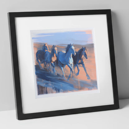 Cobalt Horizon Herd wild horses art print in black frame