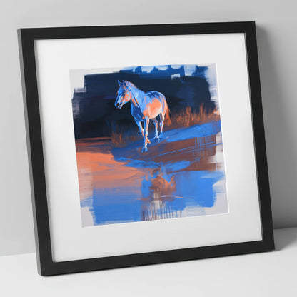 Cobalt Dawn Crossing horse landscape art print in black frame
