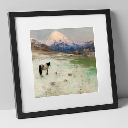 Alpine Solitude horse landscape art print in black frame