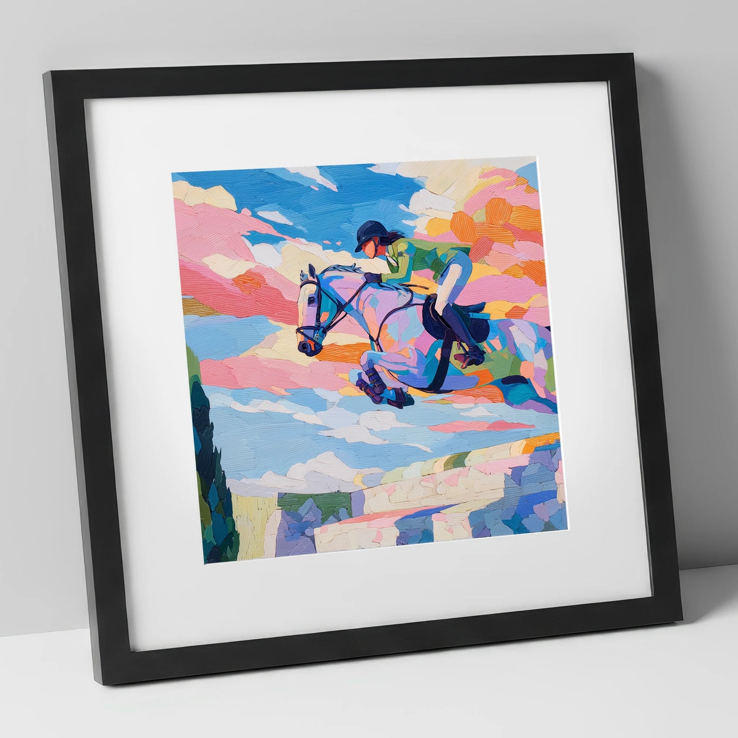 Technicolour Flight show jumping horse art print in black frame