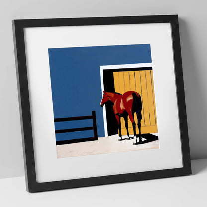 Chestnut at the Door horse stable art print in black frame