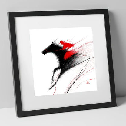 Adrenaline in Red racing horse art print in black frame
