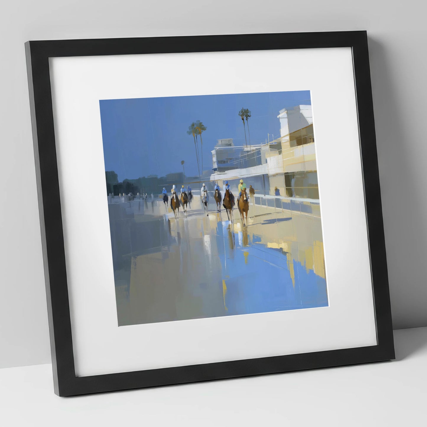 Race Day Reflections racing horse art print in black frame