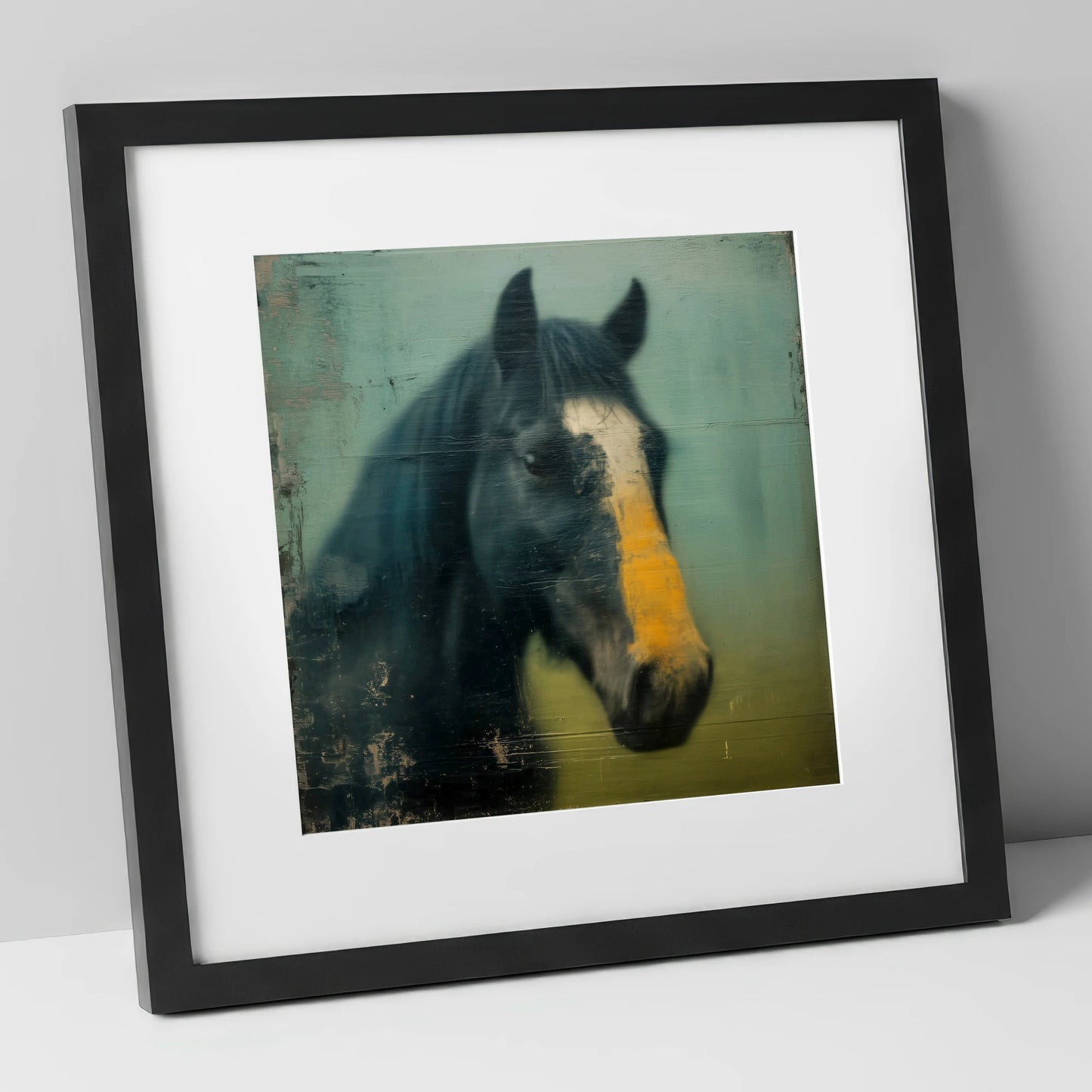 The Golden Blaze horse portrait art print in black frame