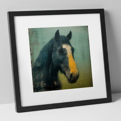 The Golden Blaze horse portrait art print in black frame