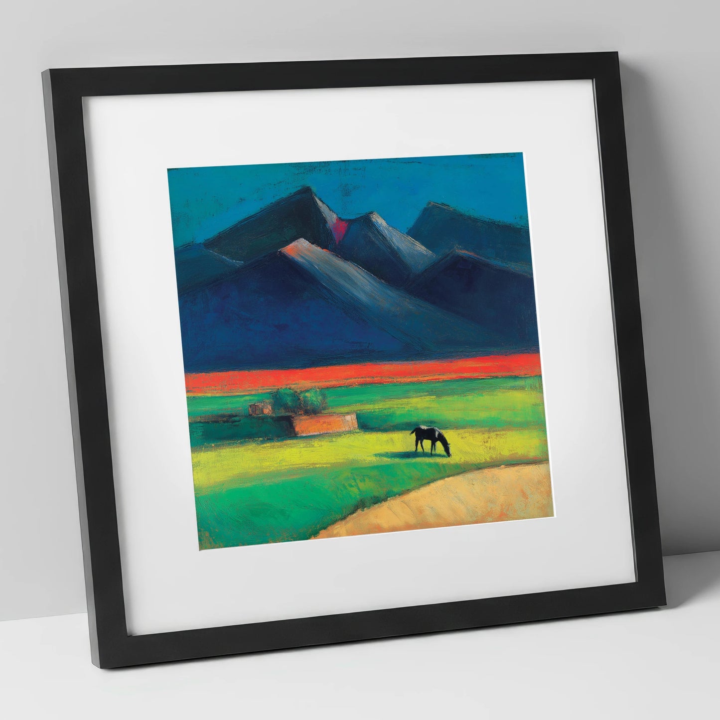 Grazing Beneath Indigo Peaks horse landscape art print in black frame