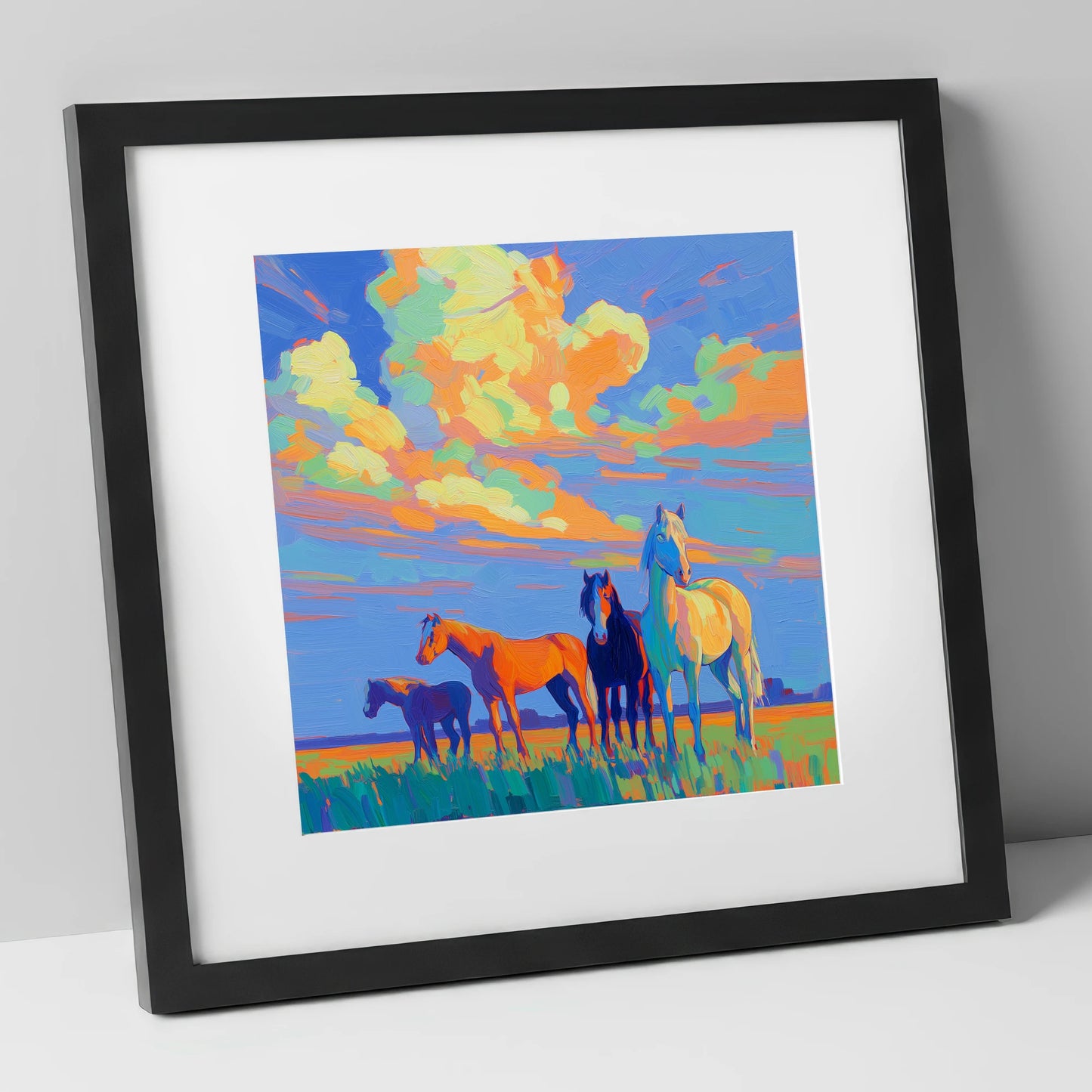 Painted Horizon Herd horse landscape art print in black frame