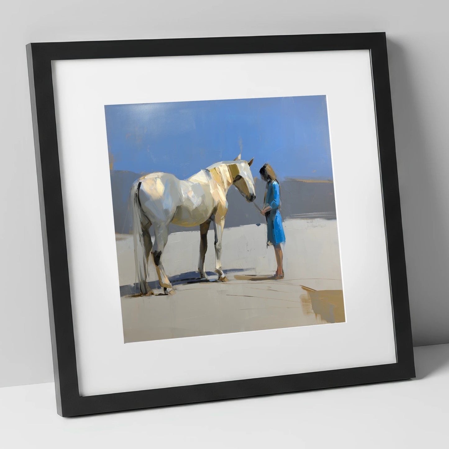 Sunlit Companion horse & rider art print in black frame