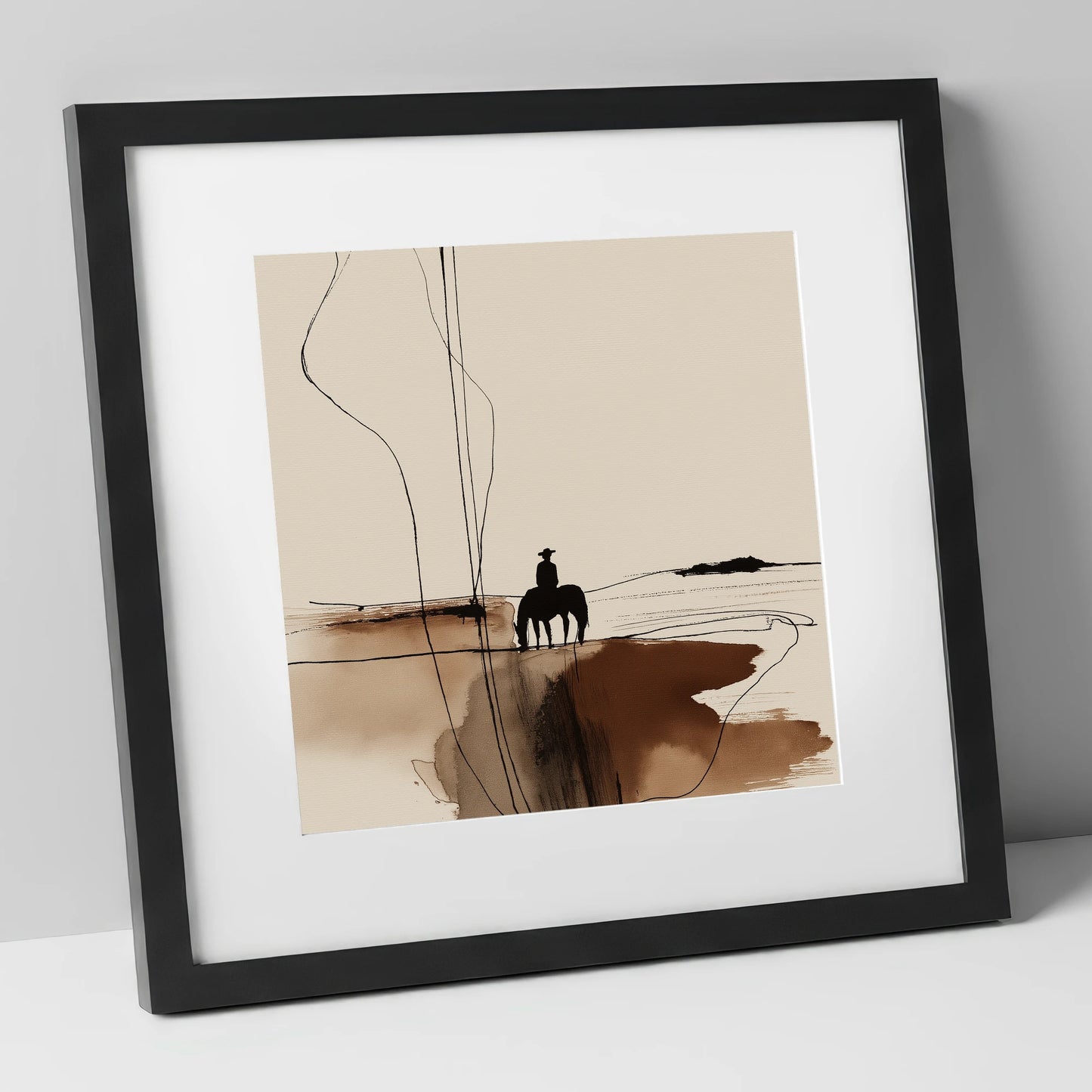 Solitary Western Horizon western horse art print in black frame