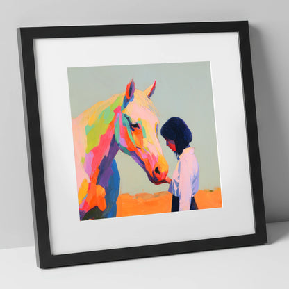 Vivid Connection horse & rider art print in black frame