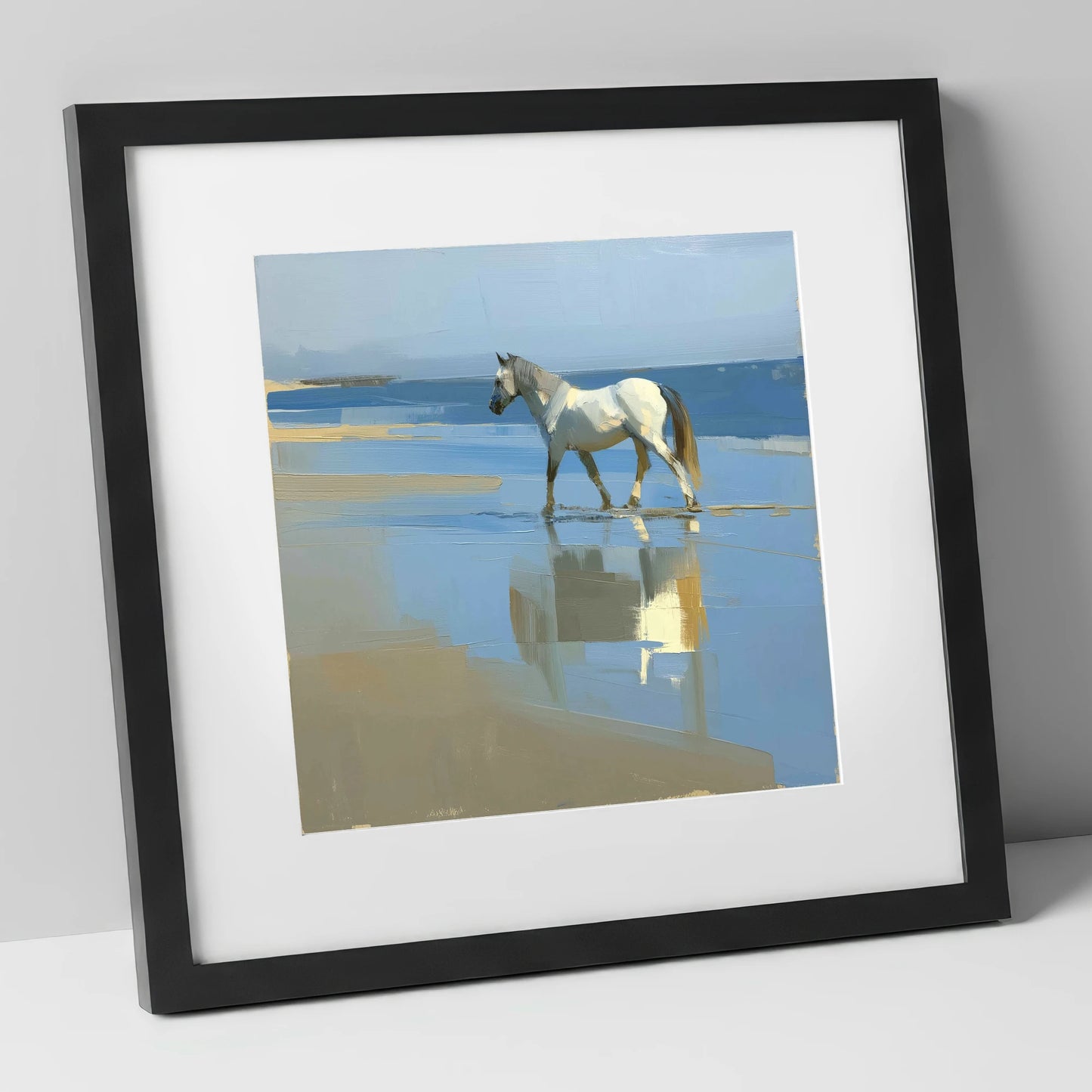 Shoreline Reflection horse landscape art print in black frame