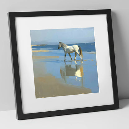 Shoreline Reflection horse landscape art print in black frame