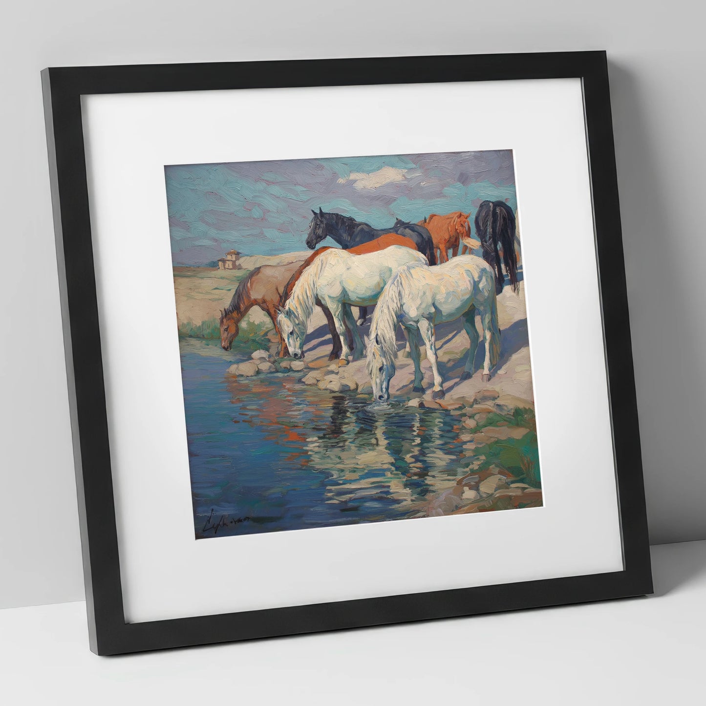 The Watering Hole wild horses art print in black frame