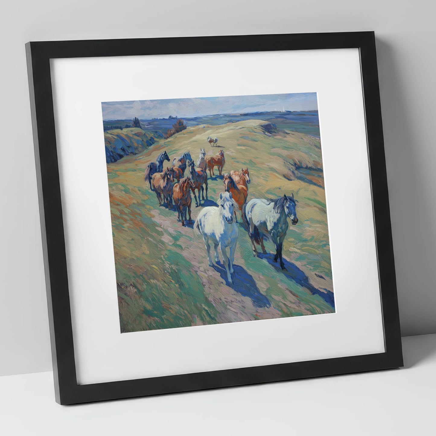 Over the Sunlit Rise wild horses art print in black frame
