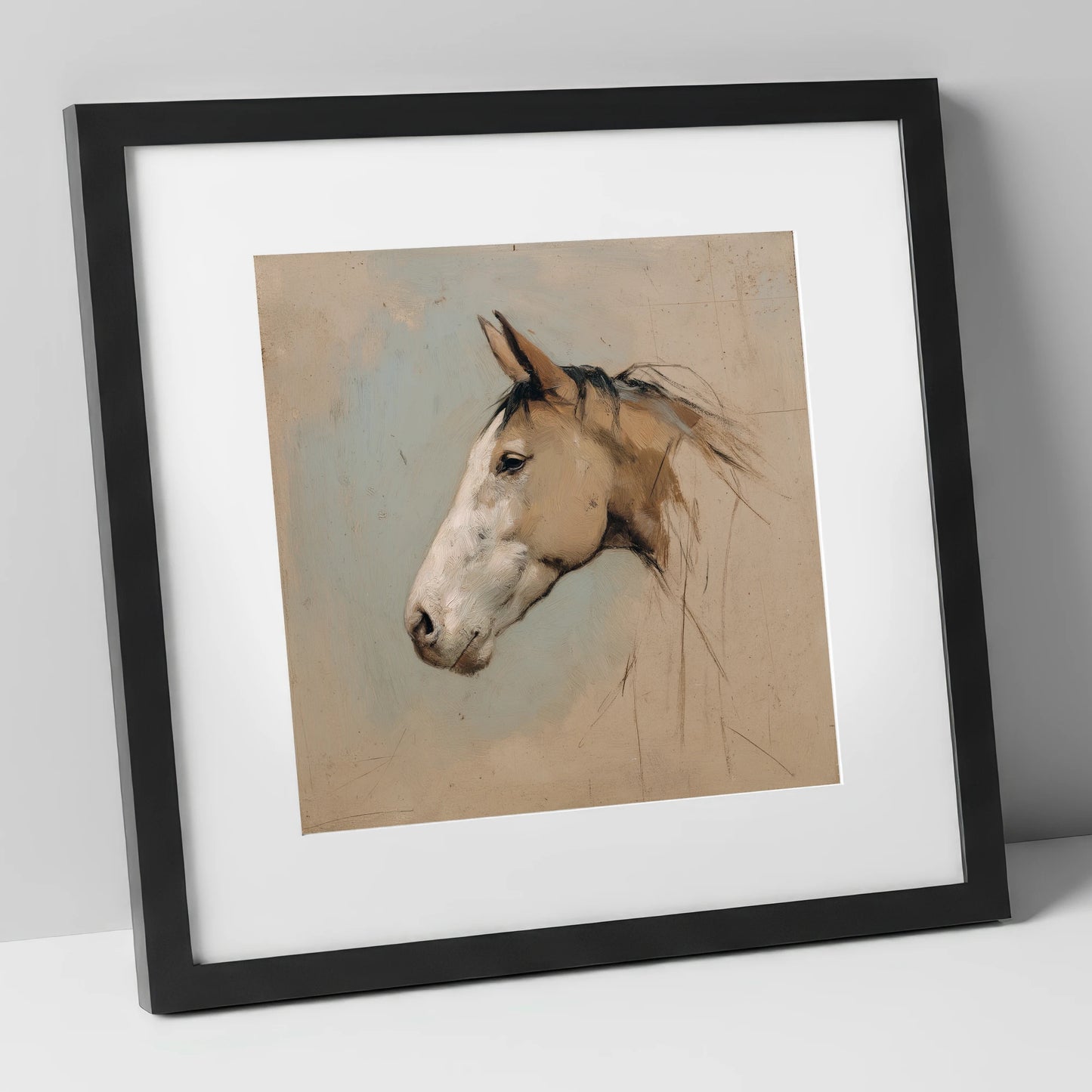 Muted Equine Profile horse portrait art print in black frame