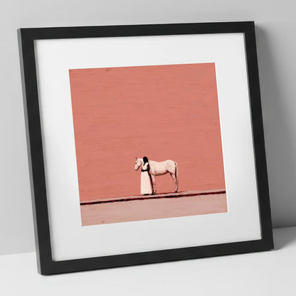 Stillness in Terracotta horse & rider art print in black frame