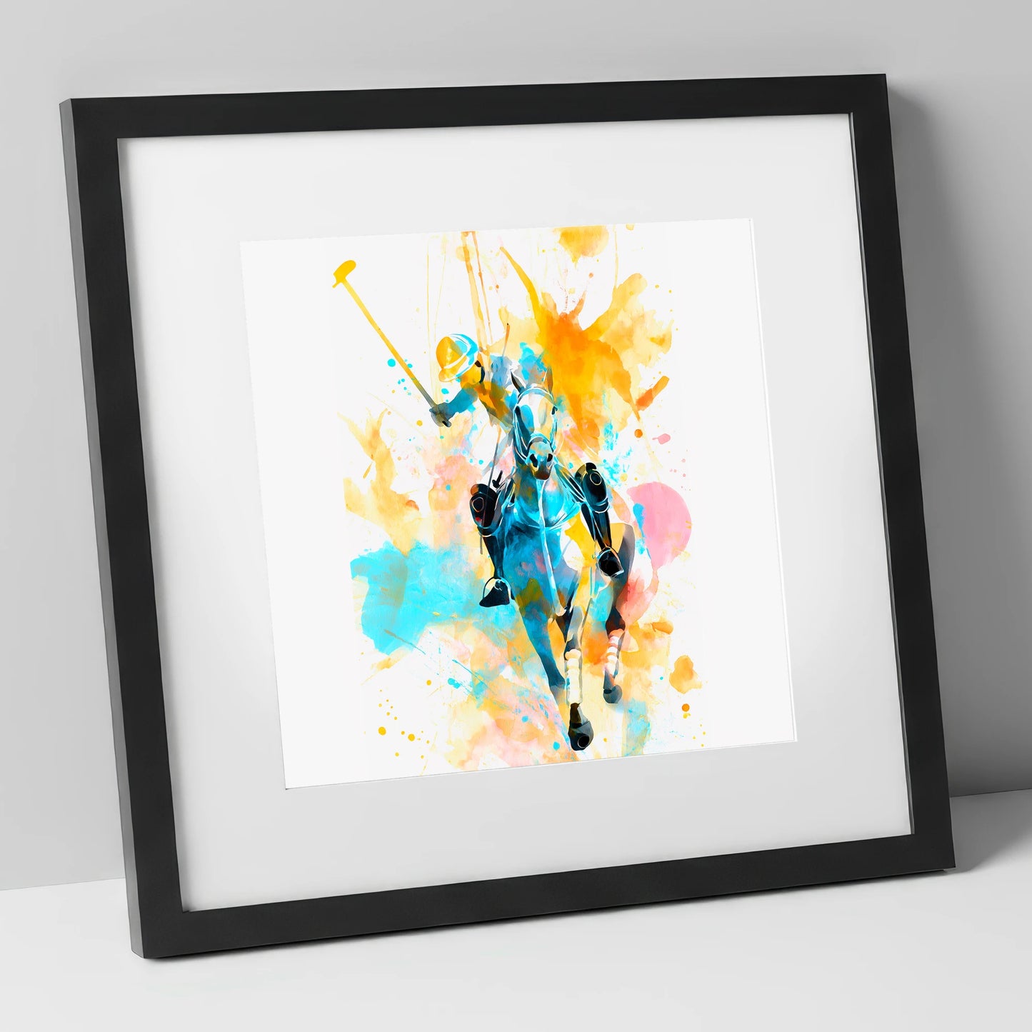 The Decisive Strike polo horse art print in black frame