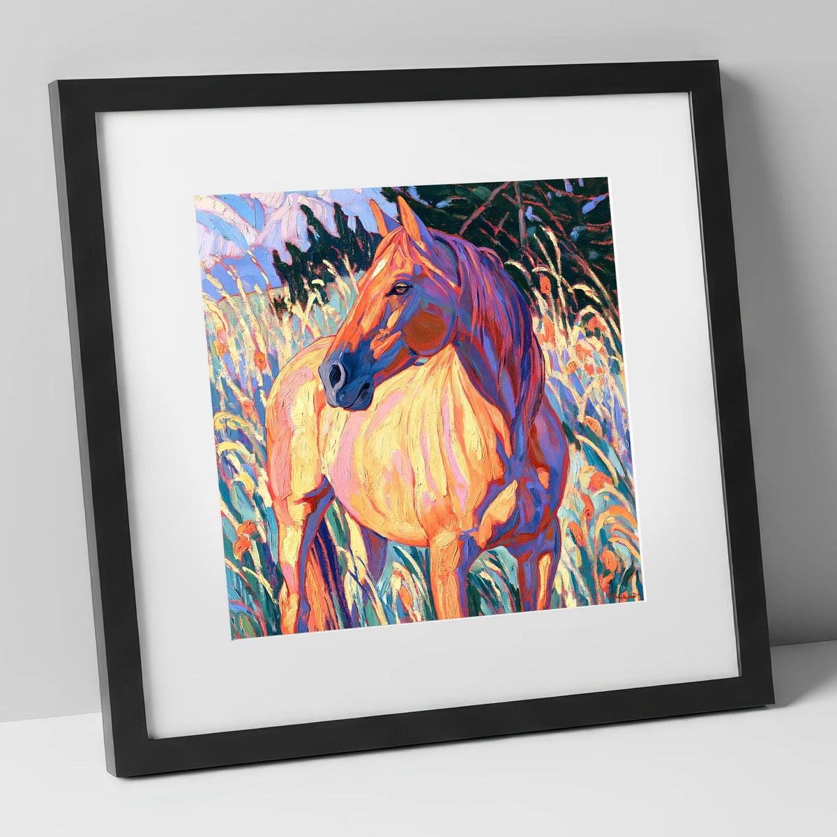 Vibrant Horse in Tall Grass horse breed art print in black frame
