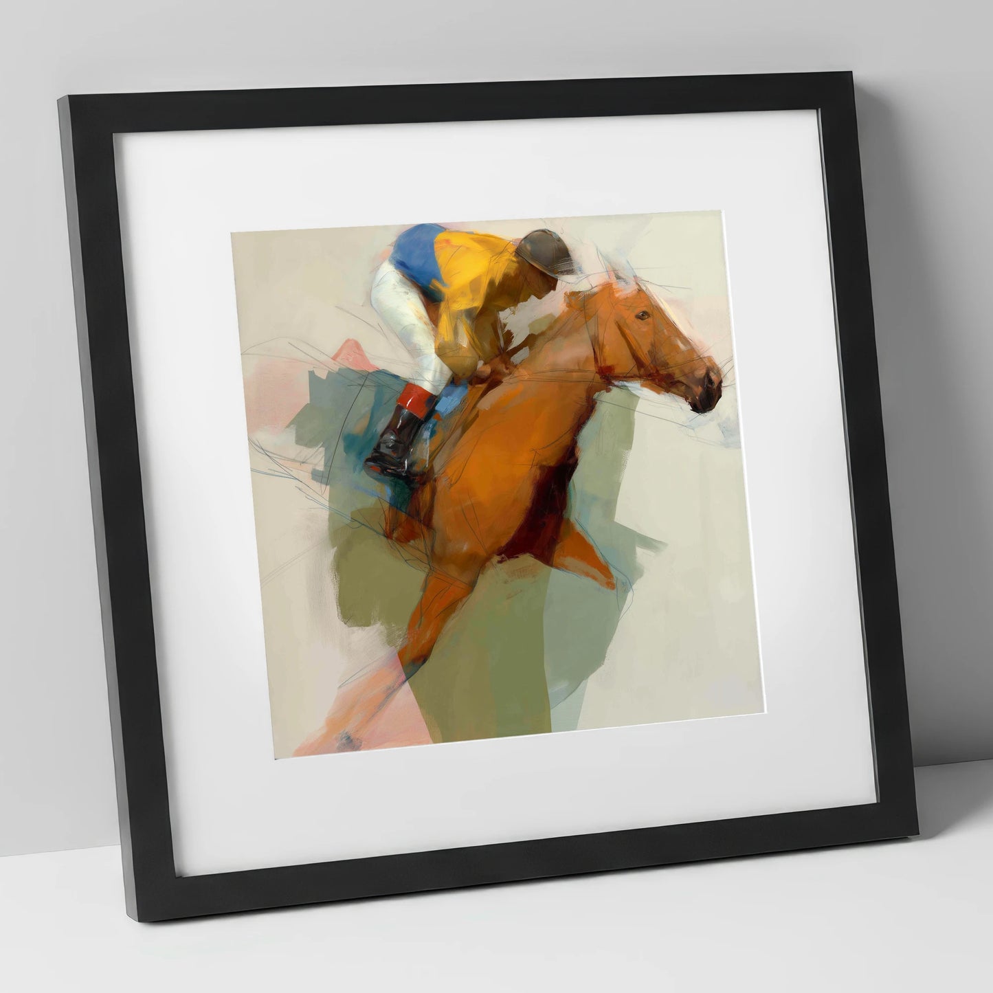 The Front Runner racing horse art print in black frame