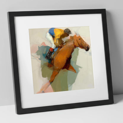 The Front Runner racing horse art print in black frame