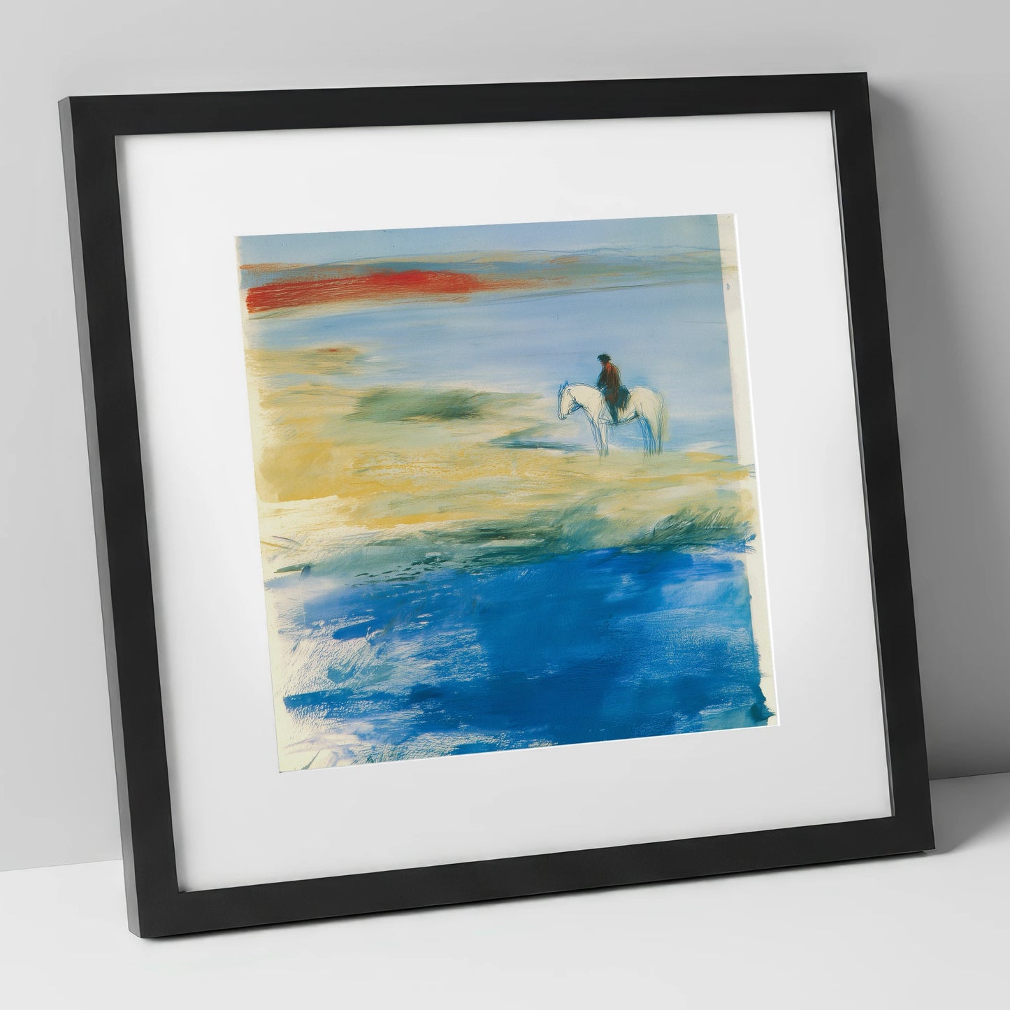Coastal Solitude beach horse art print in black frame