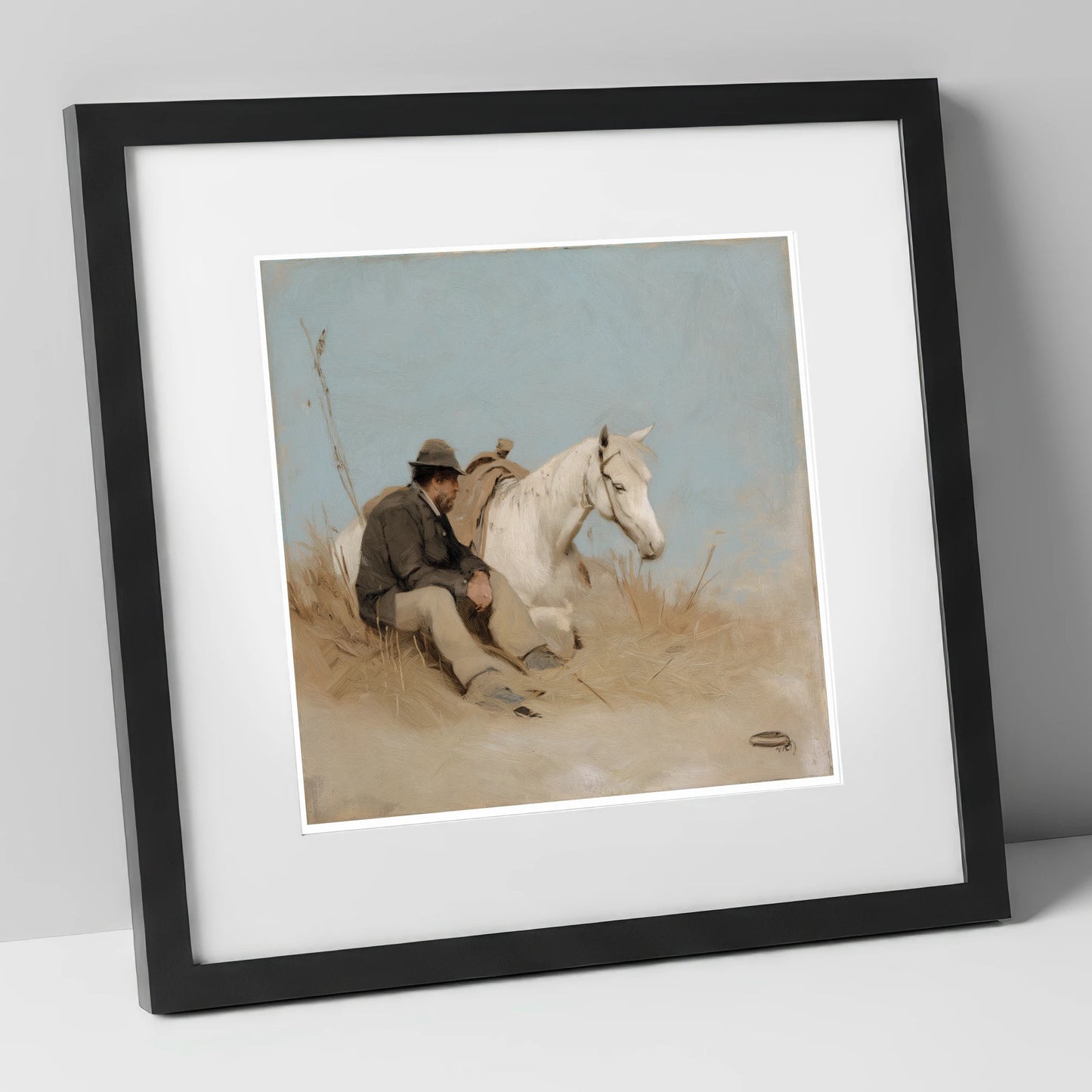 The Journey's Pause horse & rider art print in black frame