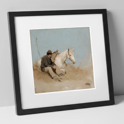 The Journey's Pause horse & rider art print in black frame