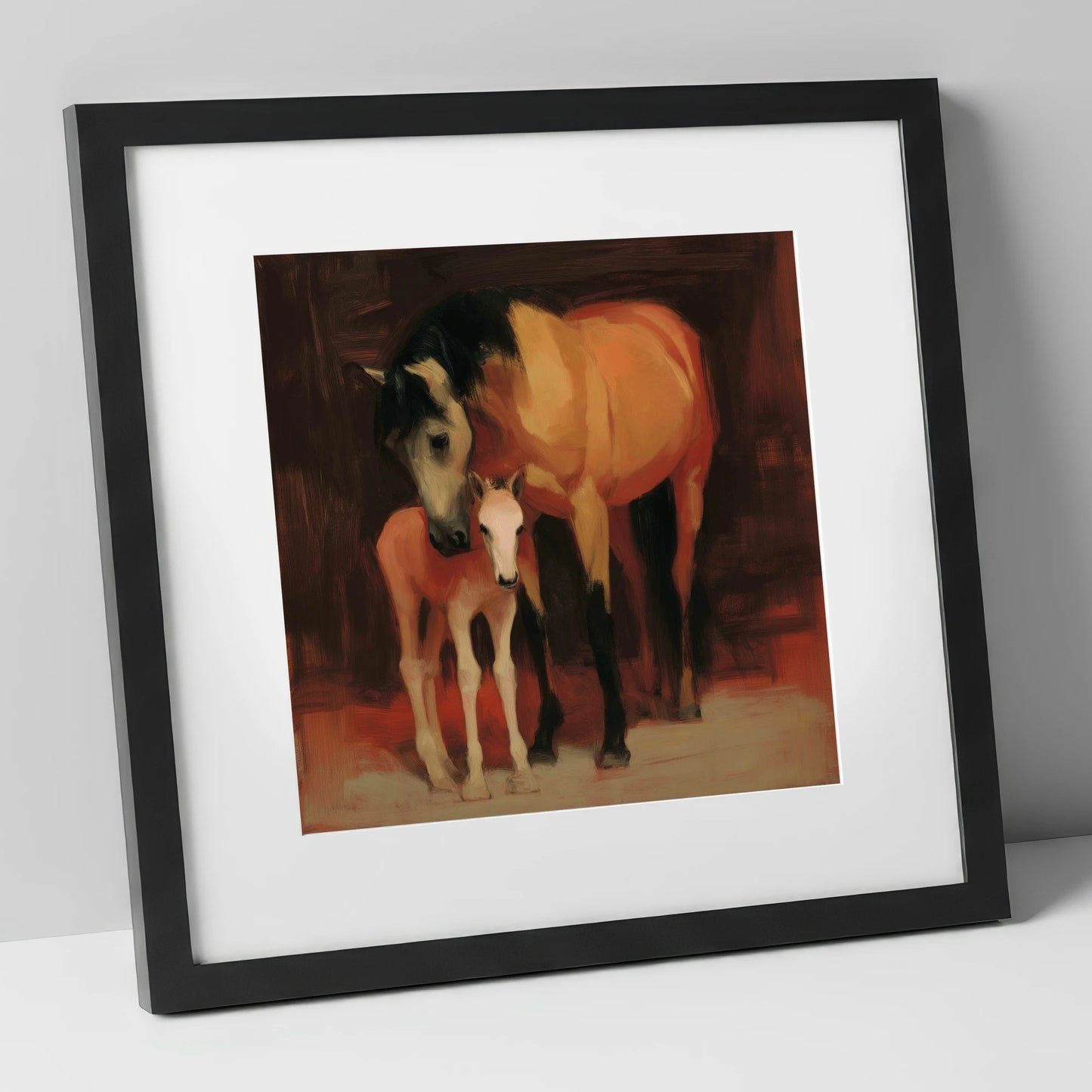 The Nurturing Bond mare & foal art print in black frame