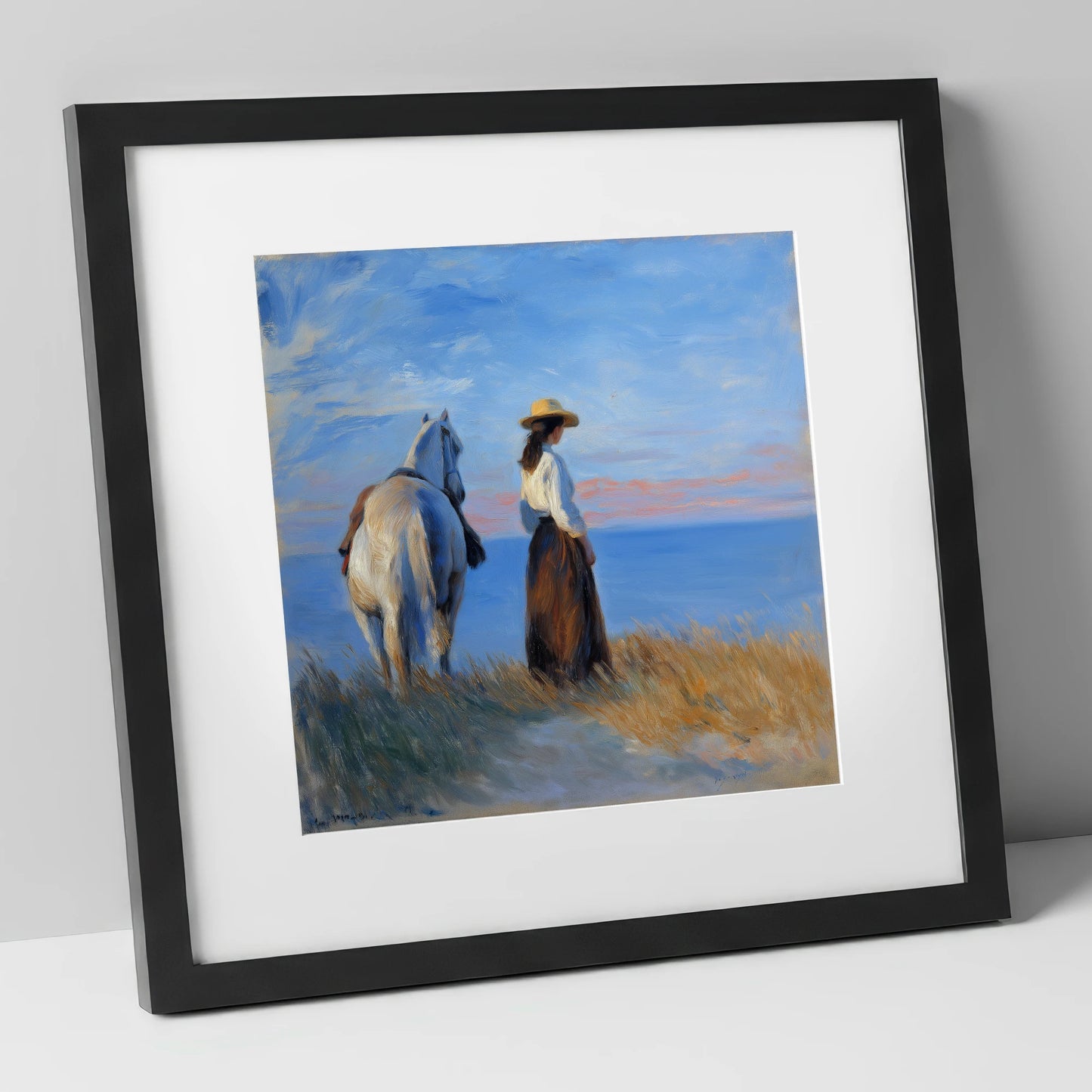 Contemplating the Horizon horse & rider art print in black frame