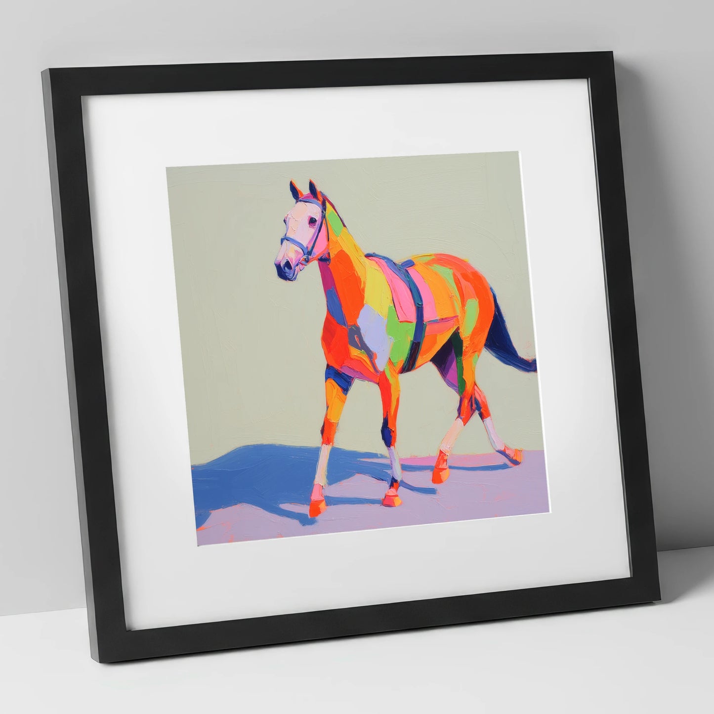 Vibrant Strides racing horse art print in black frame