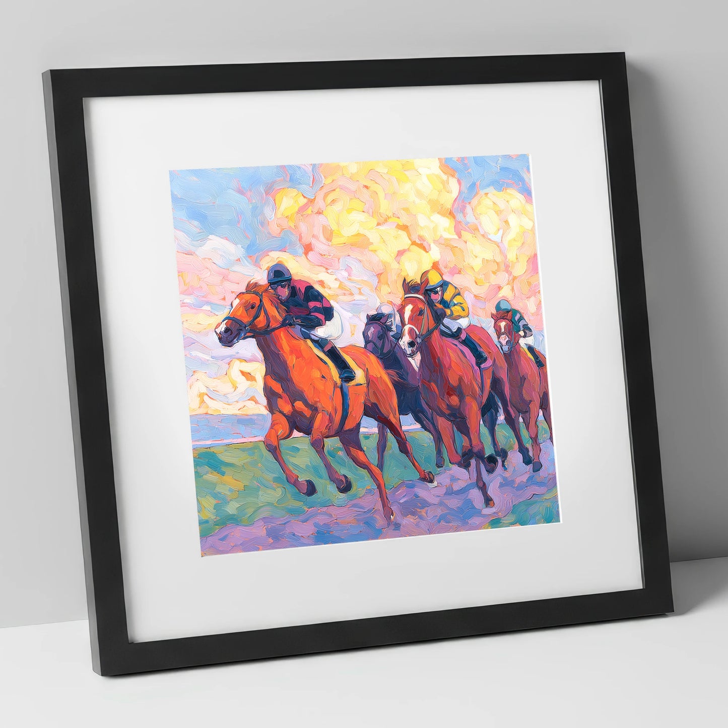 Thundering Sunset racing horse art print in black frame