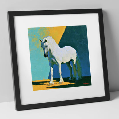 Grey Horse in Vivid Sunlight horse breed art print in black frame