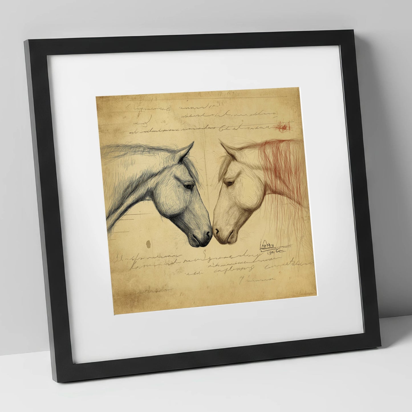 Vintage Equine Encounter horse portrait art print in black frame
