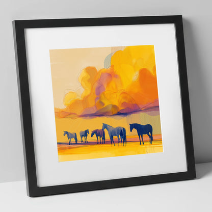 Vibrant Horizon Herd horse landscape art print in black frame
