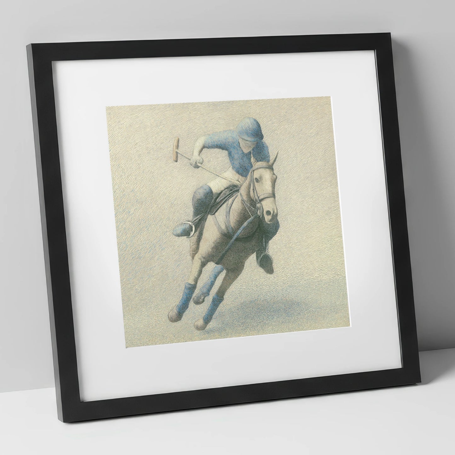 The Slate Blue Chukka polo horse art print in black frame