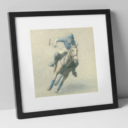 The Slate Blue Chukka polo horse art print in black frame