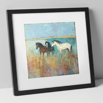 Coastal Companions wild horses art print in black frame