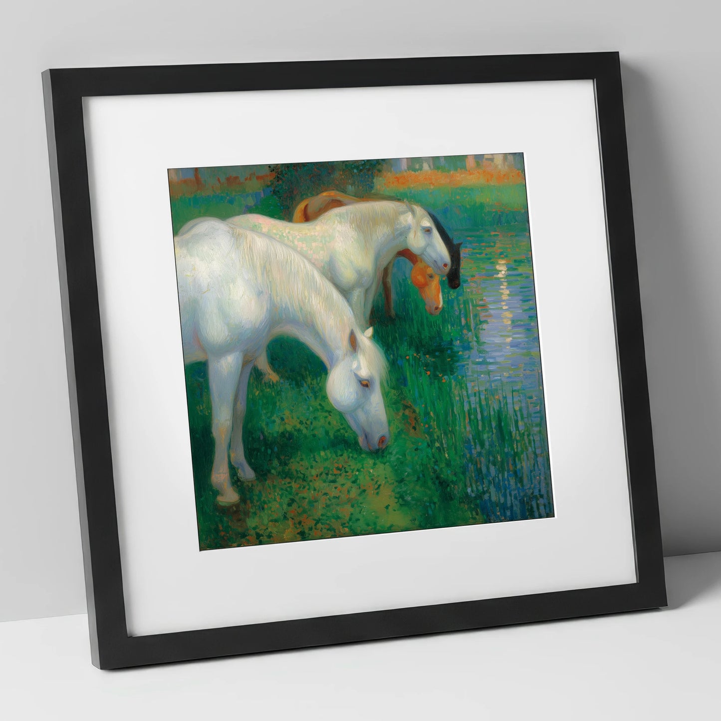 Luminous Riverside Grazing horse landscape art print in black frame