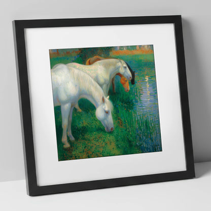 Luminous Riverside Grazing horse landscape art print in black frame
