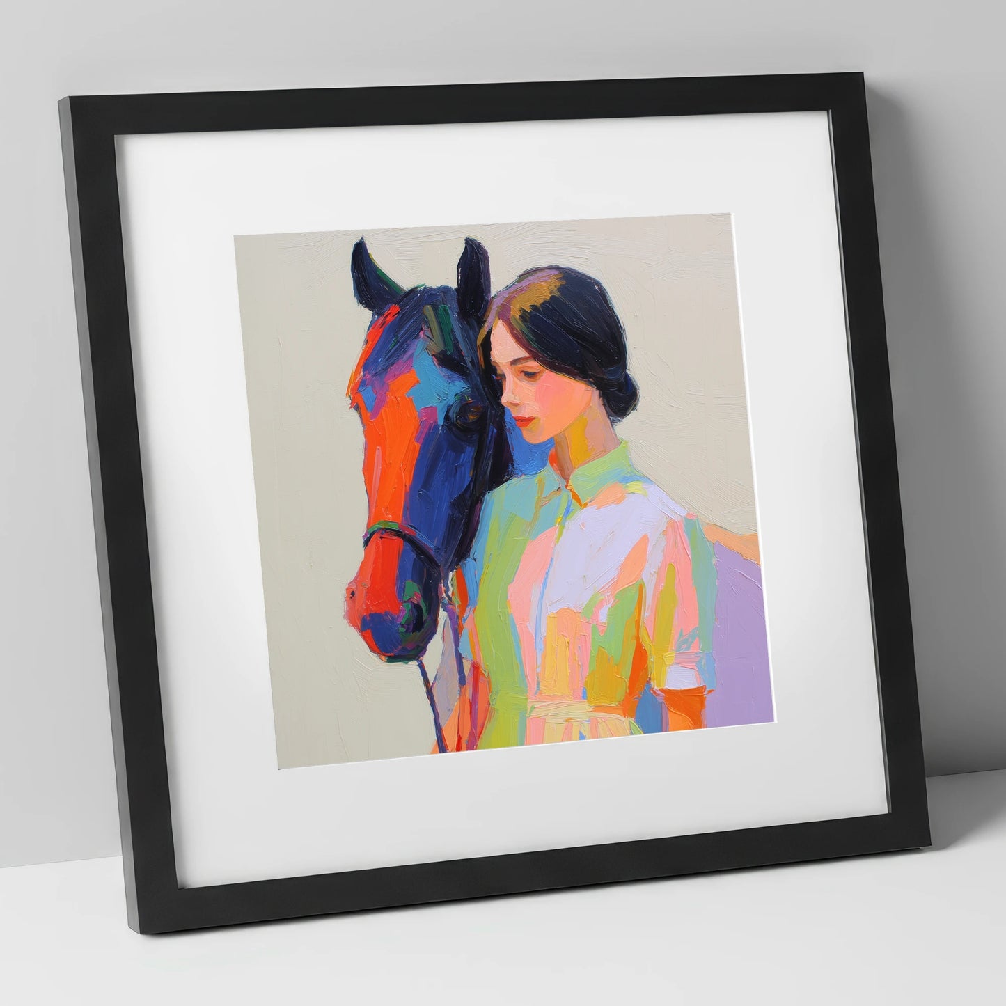 Radiant Companionship horse & rider art print in black frame