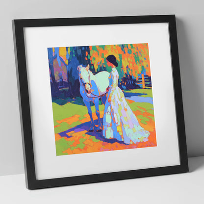 Radiant Bond horse & rider art print in black frame