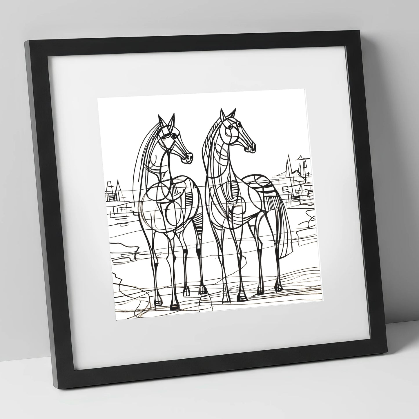 Architectural Equine Duo horse landscape art print in black frame