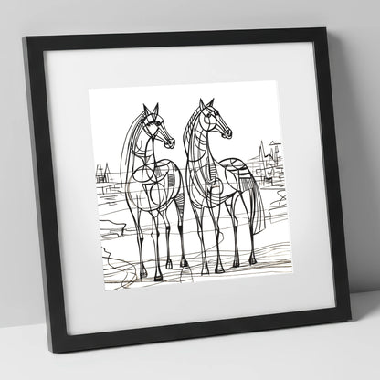 Architectural Equine Duo horse landscape art print in black frame