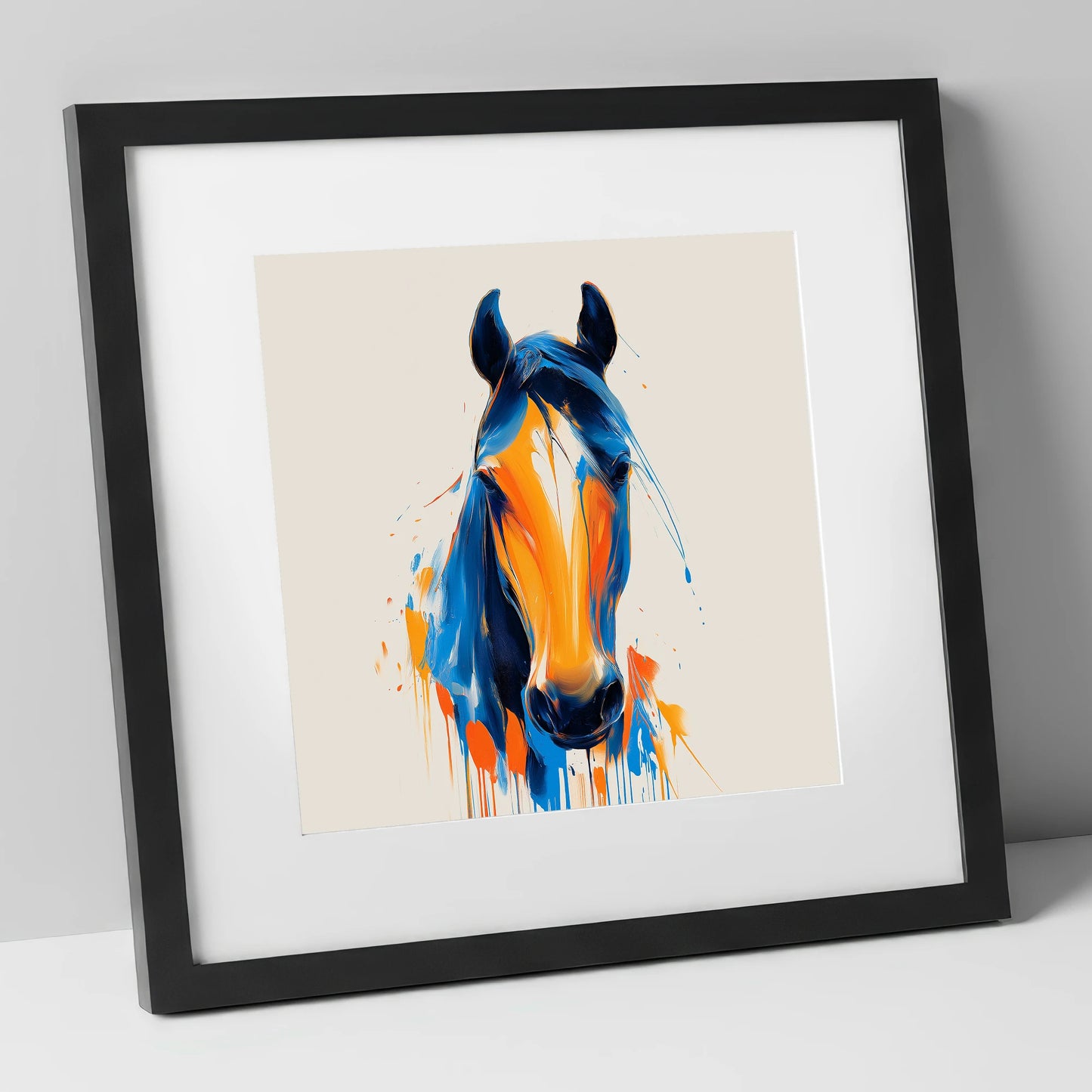 Cobalt and Sienna Spirit horse portrait art print in black frame