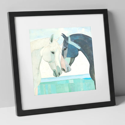 The Gentle Greeting horse portrait art print in black frame