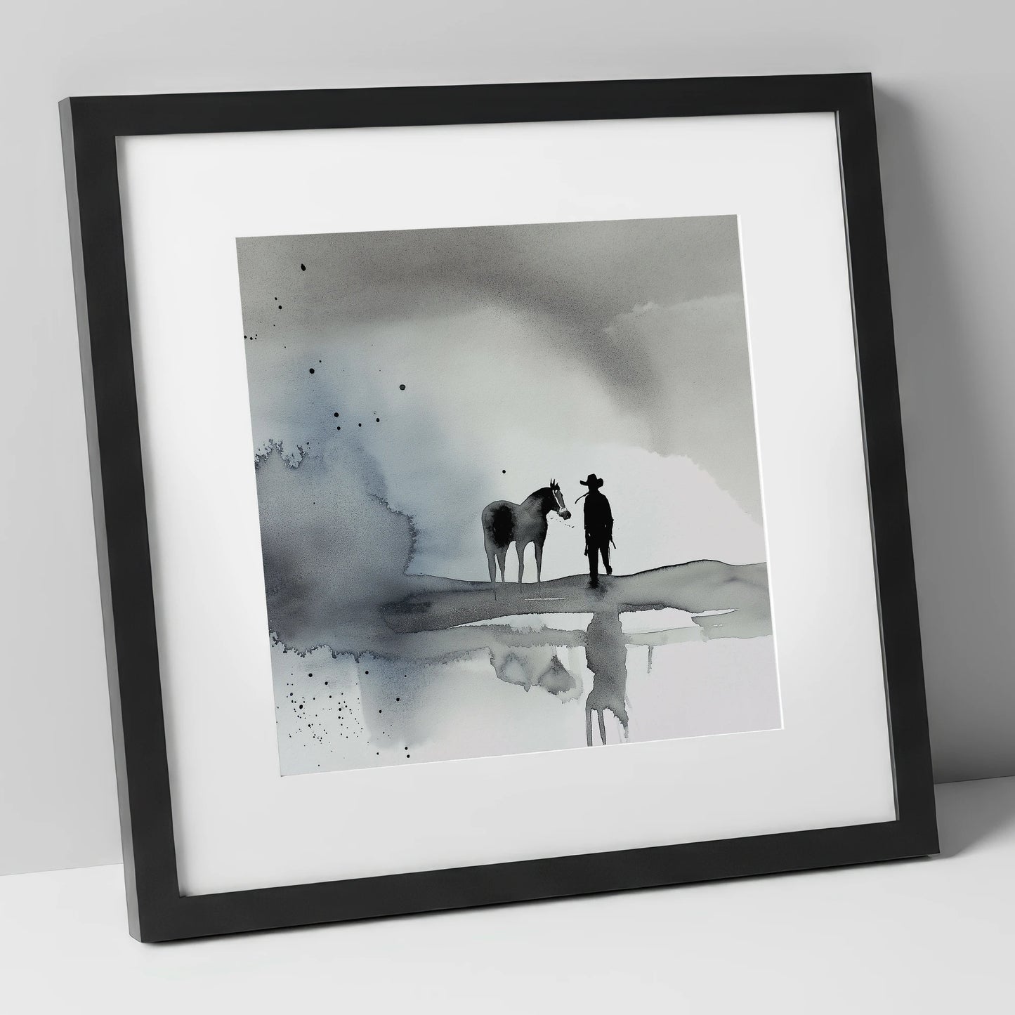 Silent Western Horizon western horse art print in black frame