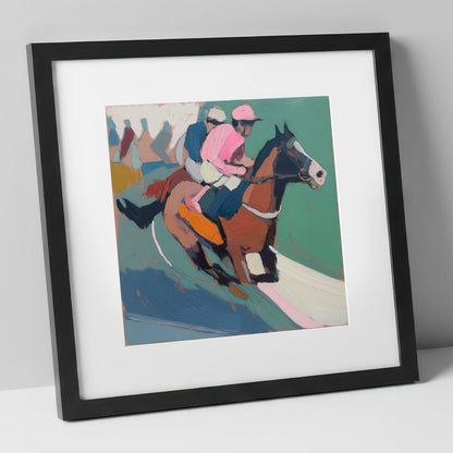 The Leading Edge in Rose racing horse art print in black frame