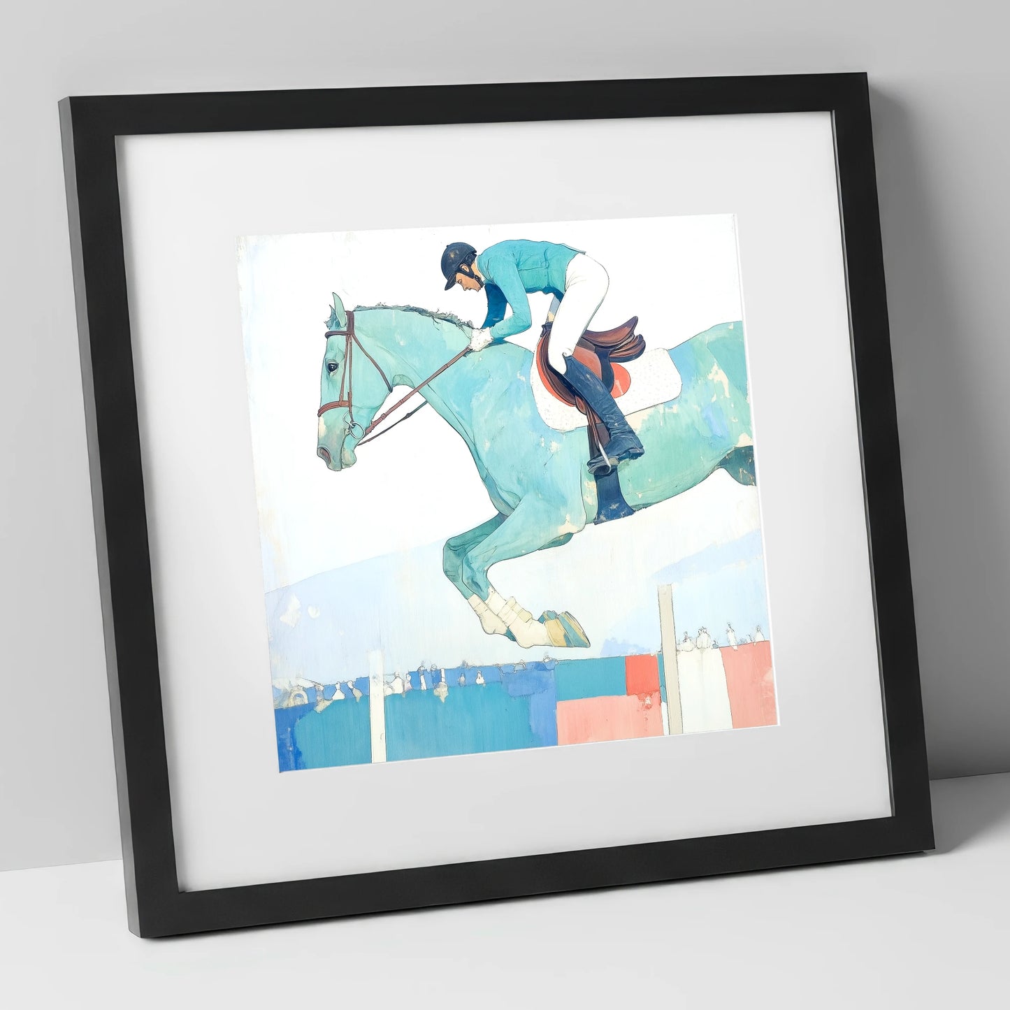 Aquamarine Ascent show jumping horse art print in black frame