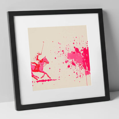 Magenta Polo Strike polo horse art print in black frame