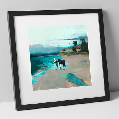 Dusk on the Shoreline horse landscape art print in black frame